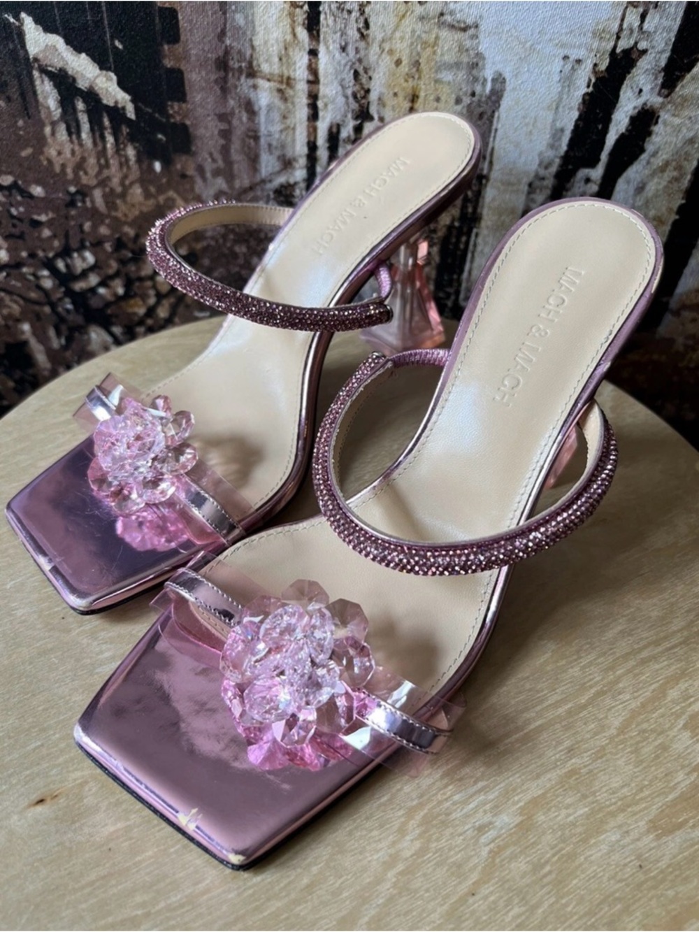 MACH & MACH Pink flower Crystal-Embellished Slide Heels size 38